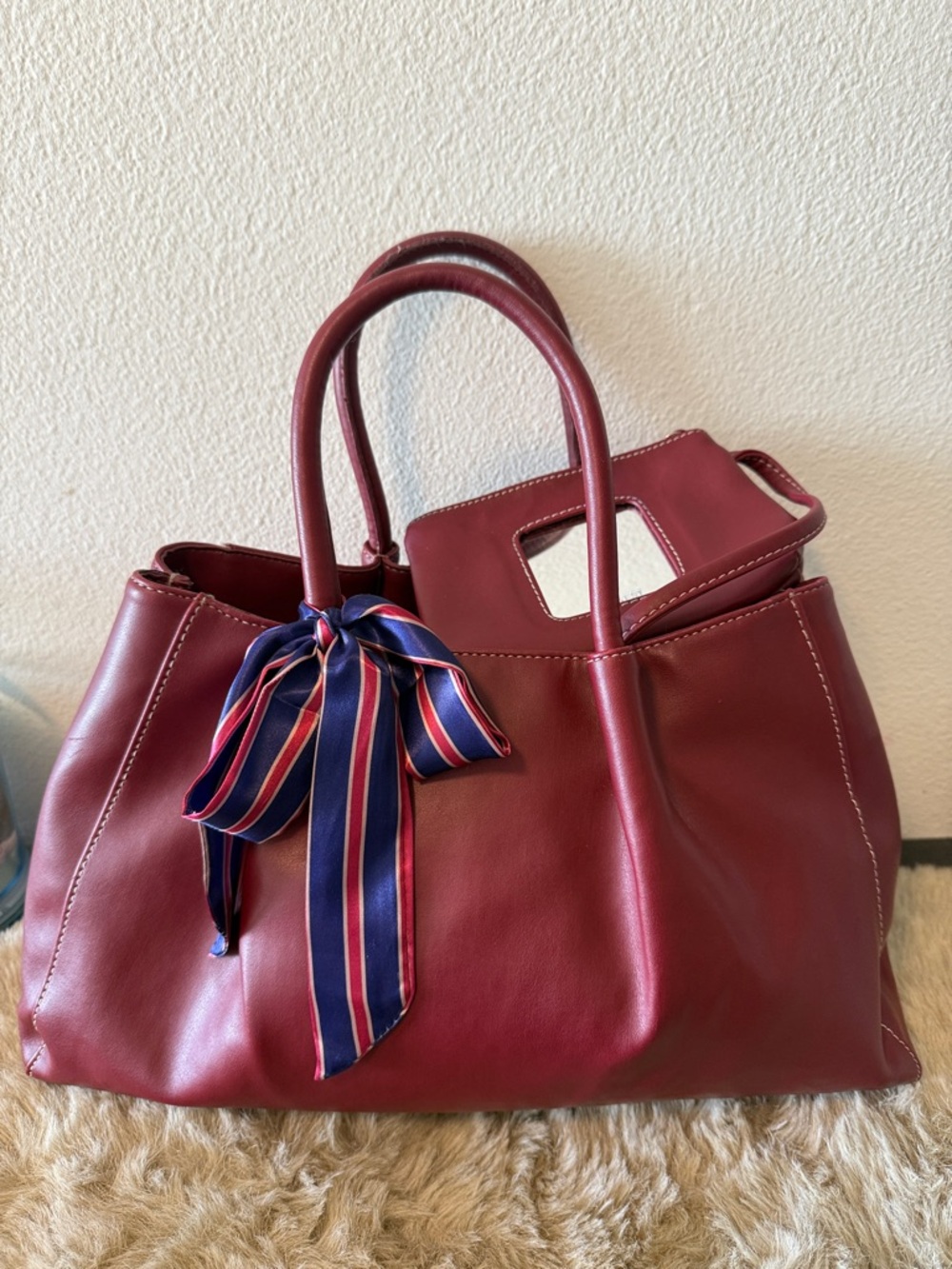 Nine West Burgundy Tote with Navy Red-Stripes Scarf